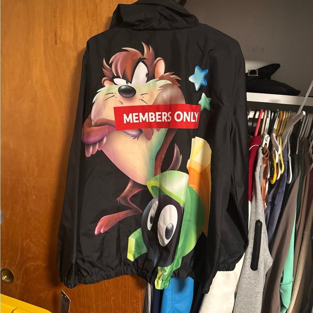 Members Only Black and Red Raincoat with Cartoon Design